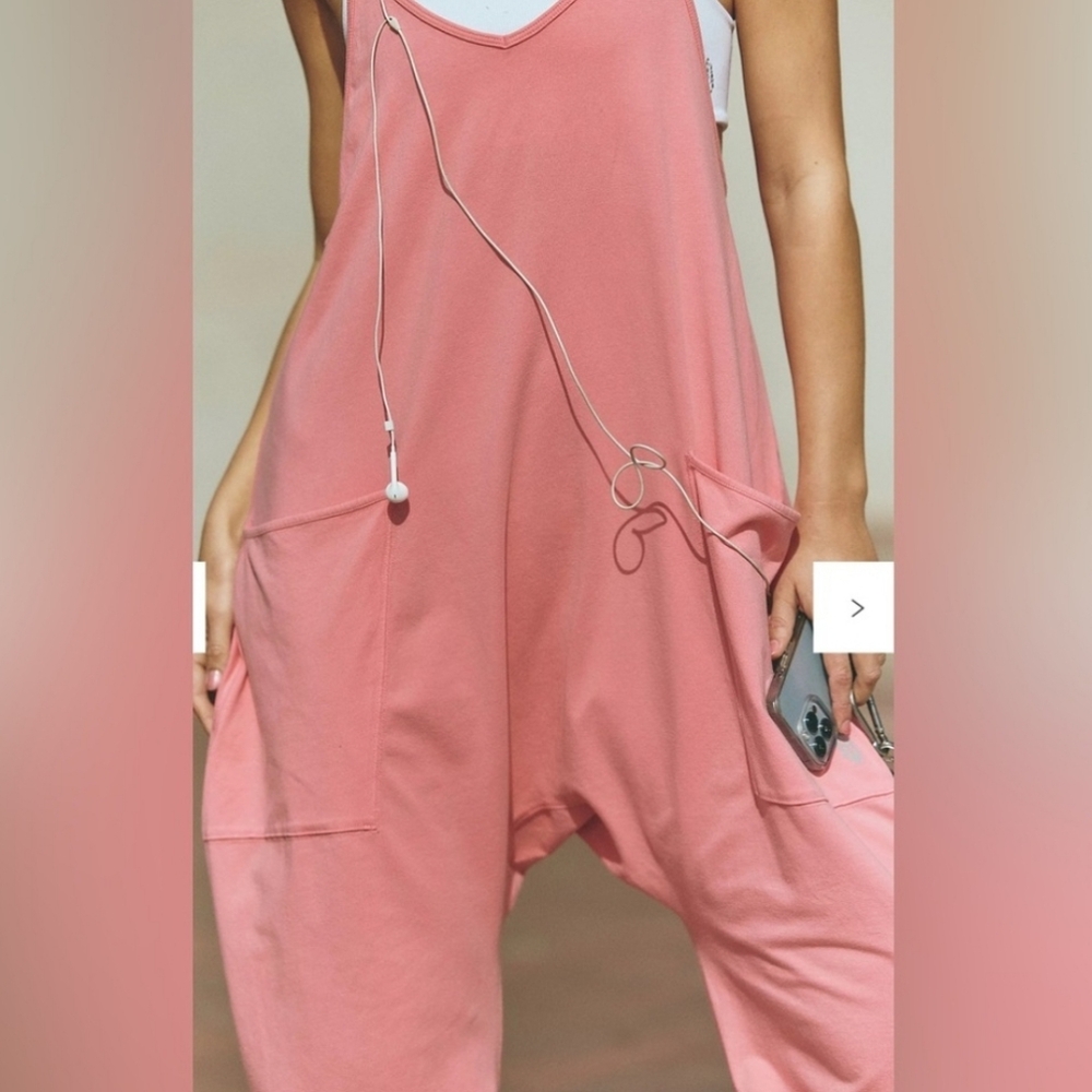 Free People Hot Shot Onesie Pink Jumpsuit Hibiscus Cotton Oversized Lounge L - Picture 3 of 6